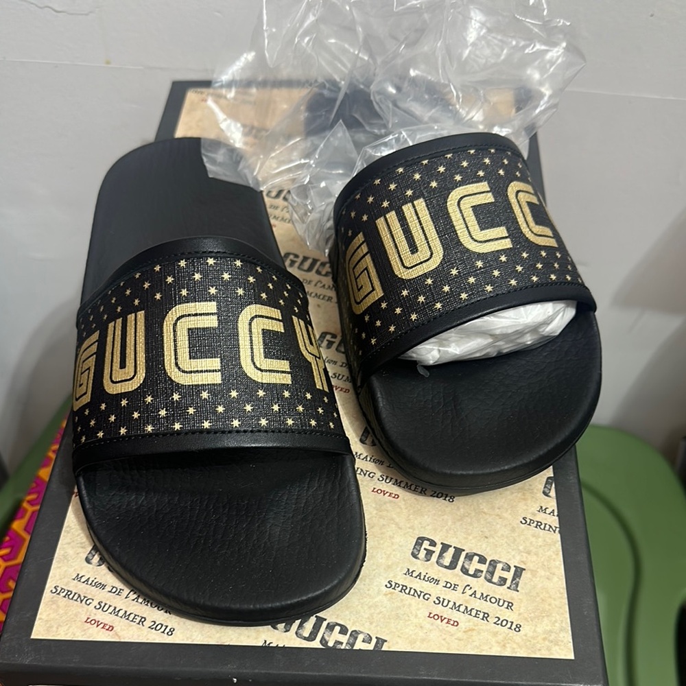 Gucci Black and Gold Star Slide Sandals
